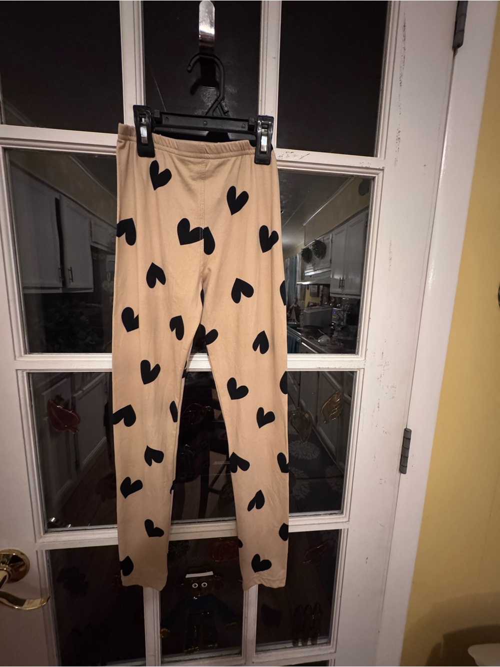 Beige Kids Leggings with Black Heart Print